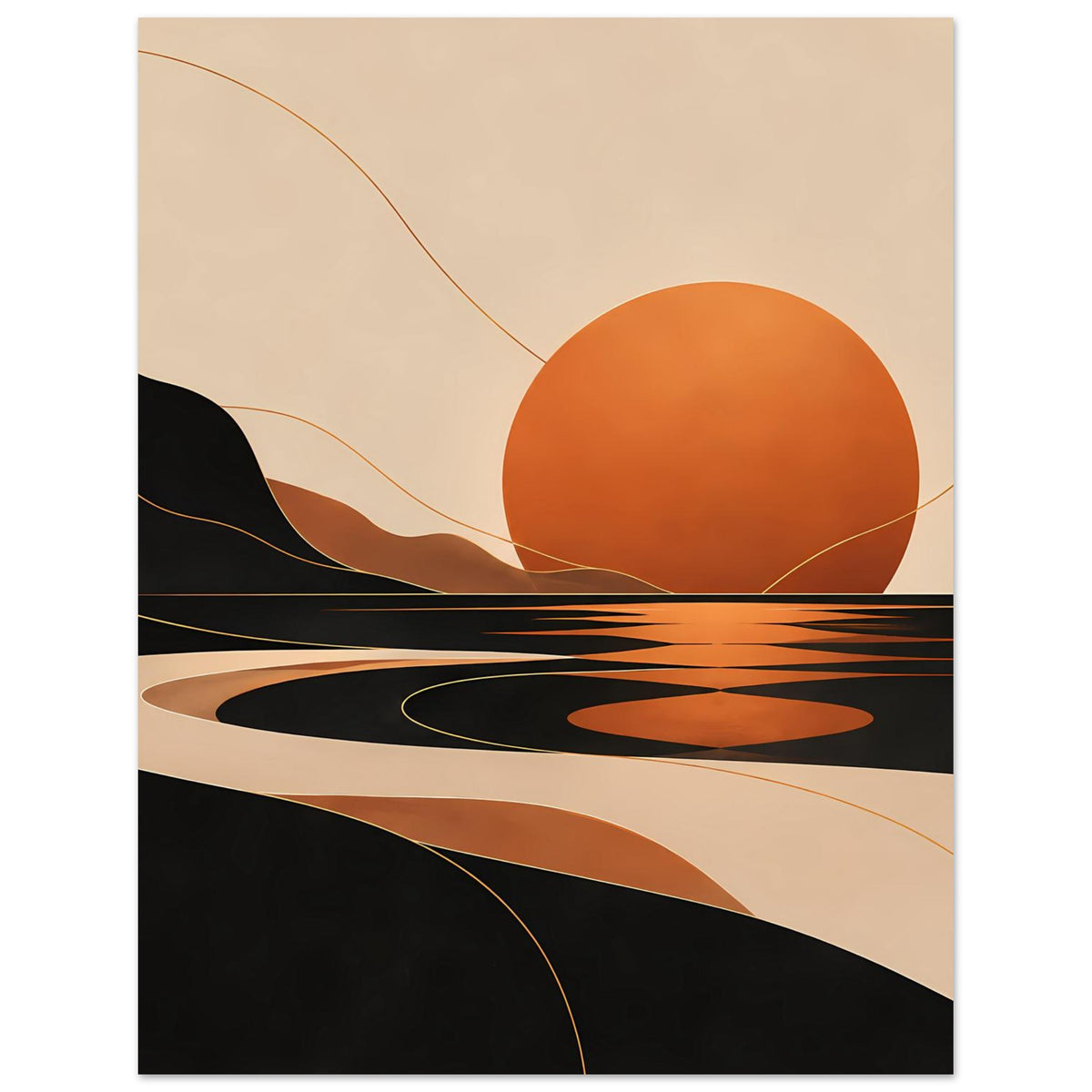 Kunstposter im Hochformat mit Sonnenuntergangs-Design: große orange Scheibe, schwarze Linien