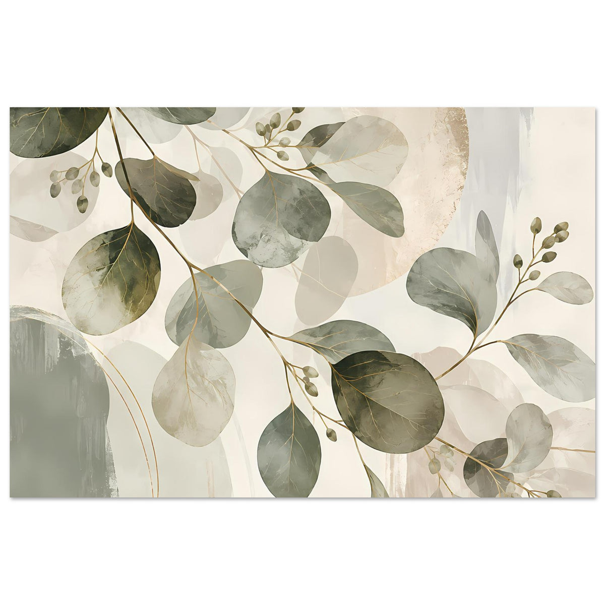 Kunstposter mit botanischem Blattwerk in Olivgrün und Beige, Querformat