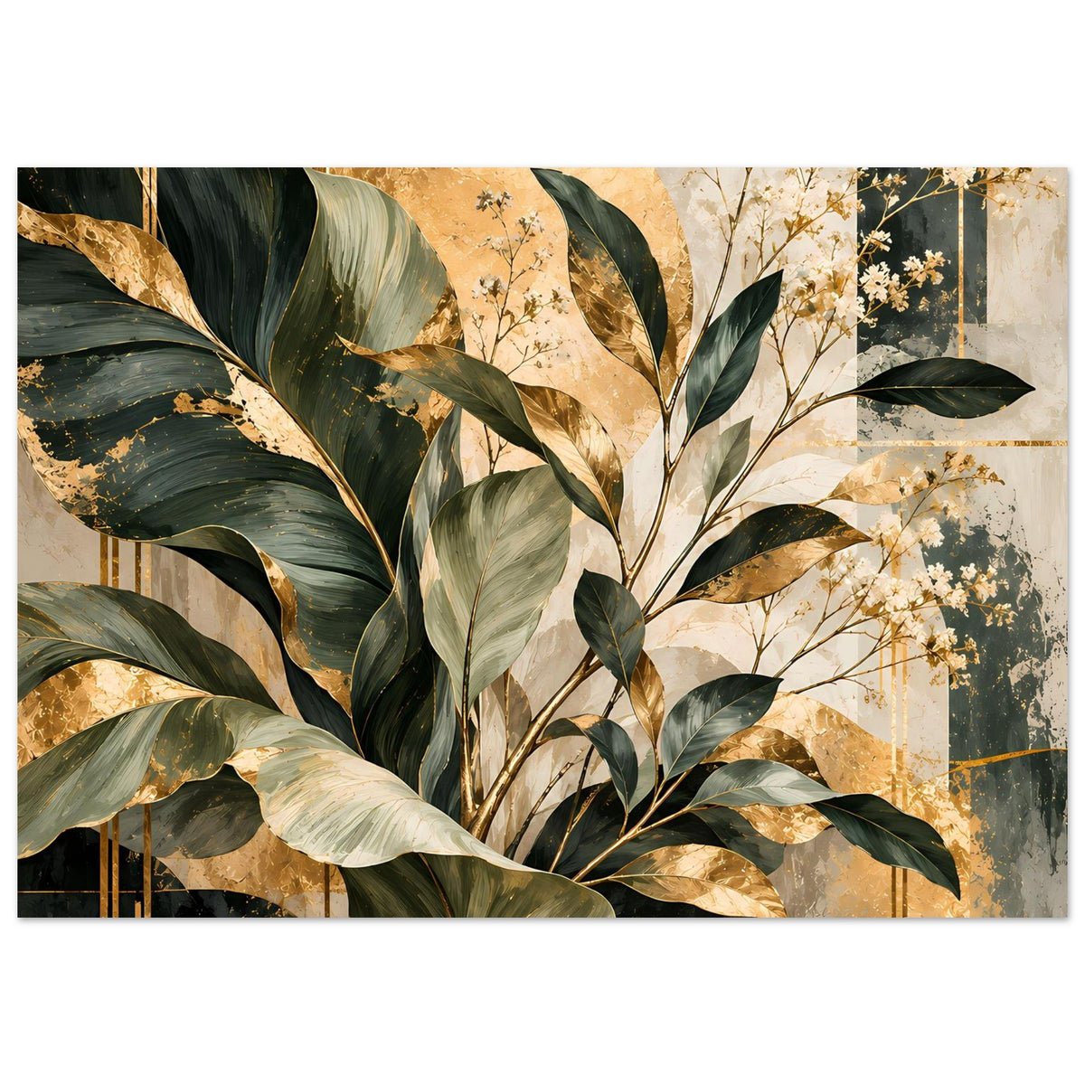 Poster mit botanischem Blattmotiv in Dunkelgrün, Gold und Creme, Querformat mit Rand