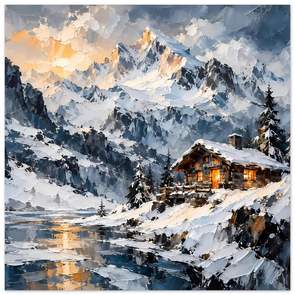 Winterlandschafts-Poster im Querformat: Alpenhütte mit warm beleuchteten Fenstern im Schnee