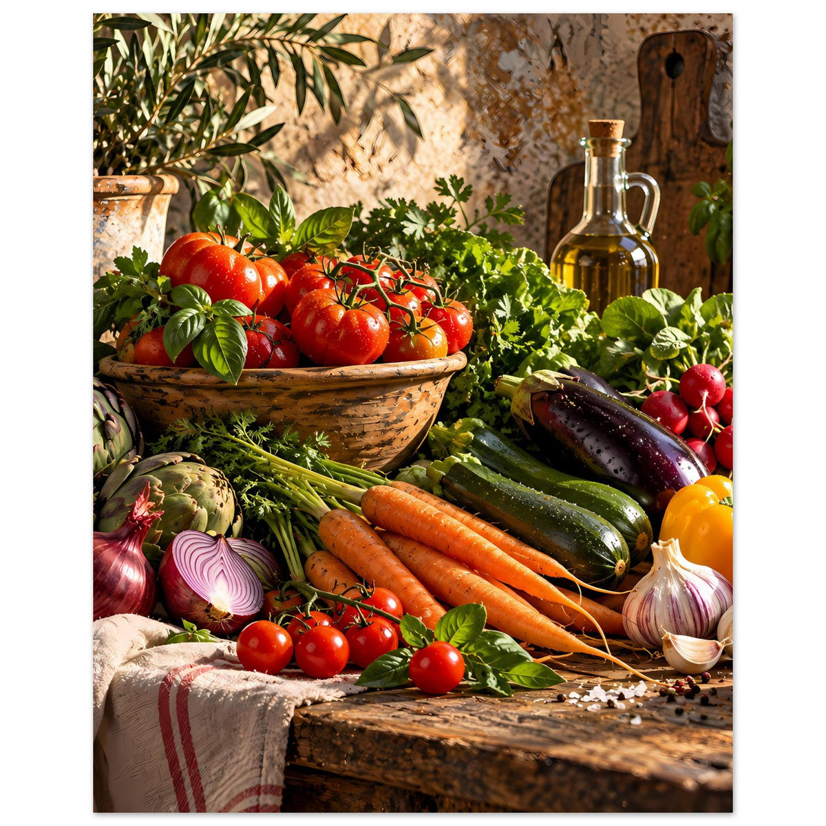 Küchenposter mit Gemüse: Tomaten, Karotten, Auberginen und Ölflasche