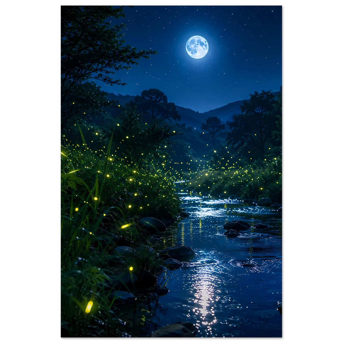 Vertikales Poster mit leuchtendem Flusslauf, Waldsilhouetten und Mond, Glühwürmchen, matt