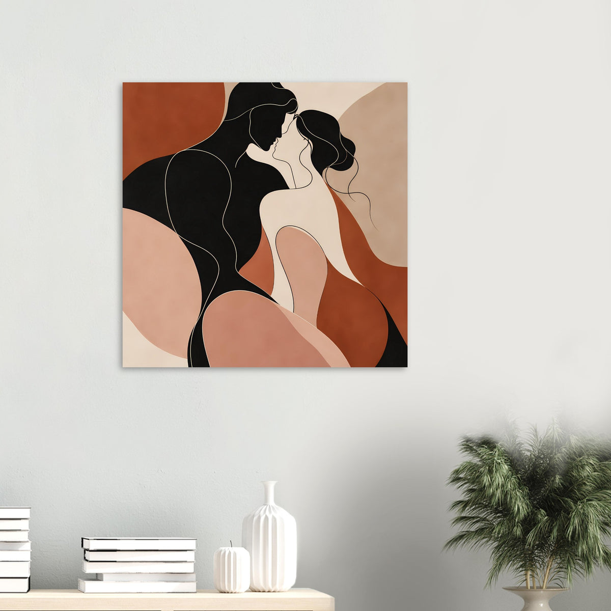 Abstraktes Liebes-Porträtposter an der Wand, kleines Format: zwei Frauenprofile in warmen Tönen