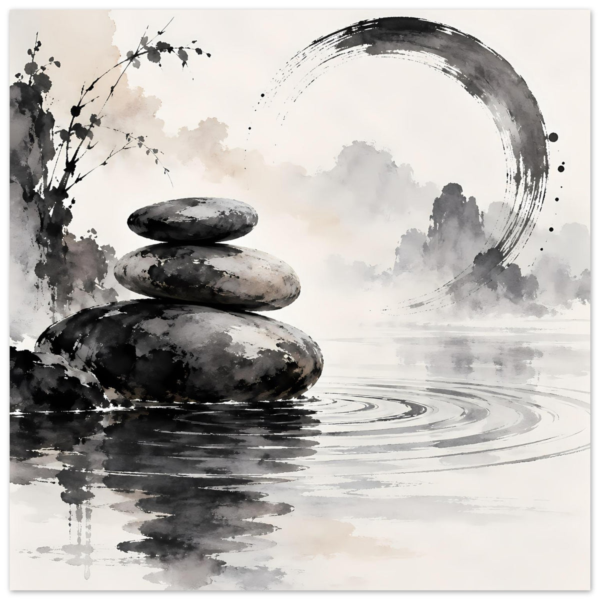 Zen-Balance-Poster mit Steinhaufen, Kreisbogen und Wellenlinien, Schwarz-Weiß