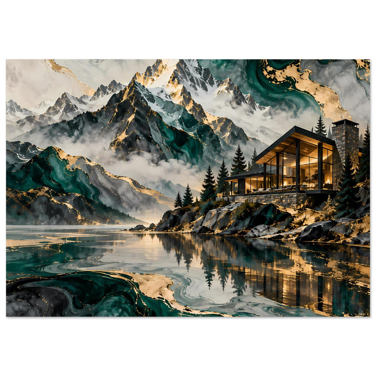 Naturblick-Poster: Bergsee mit Felsen, Tannen und modernem Haus in Grün & Gold