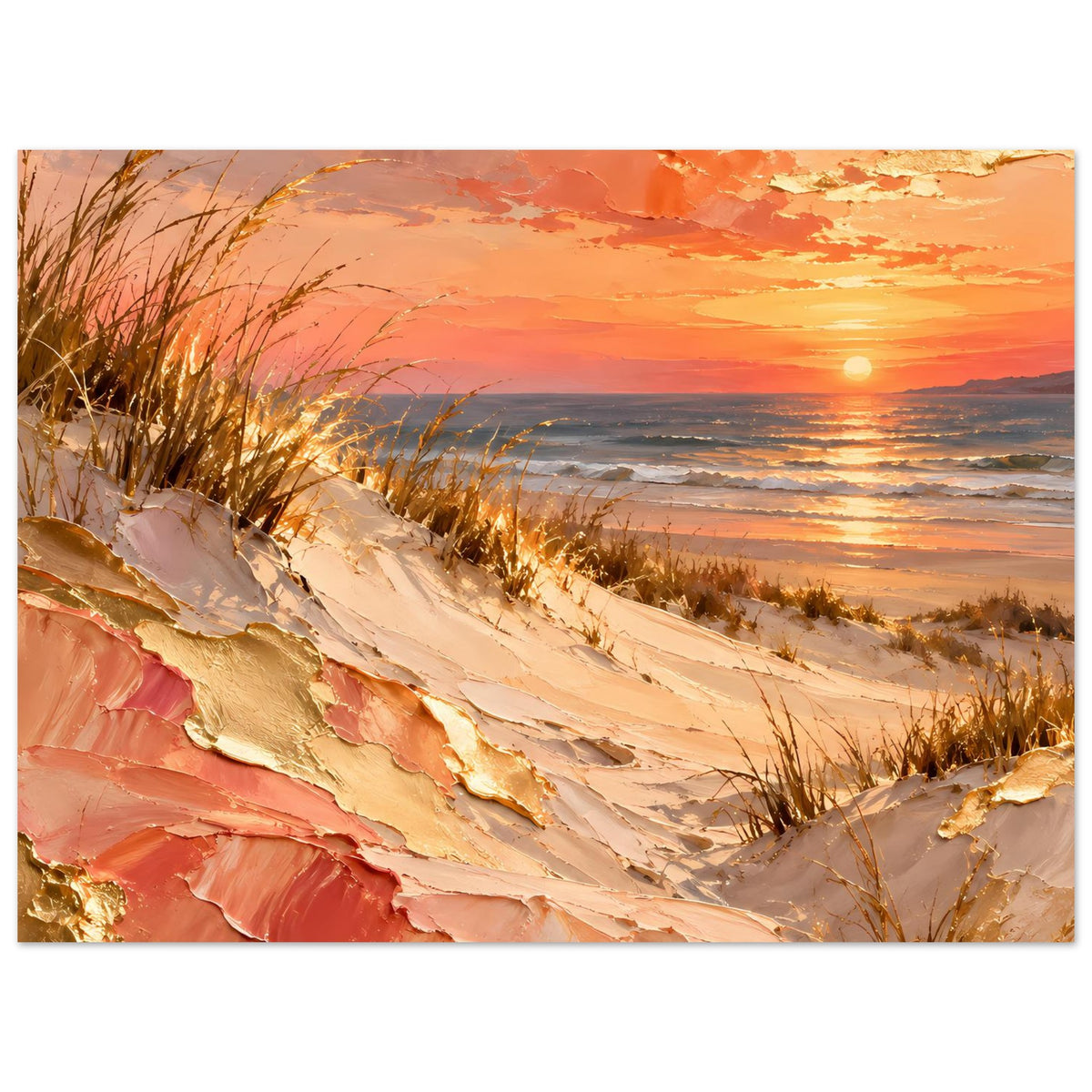 Meerposter im Querformat: Strandkamm mit leuchtend goldenen Highlights und warmen Wellenfarben