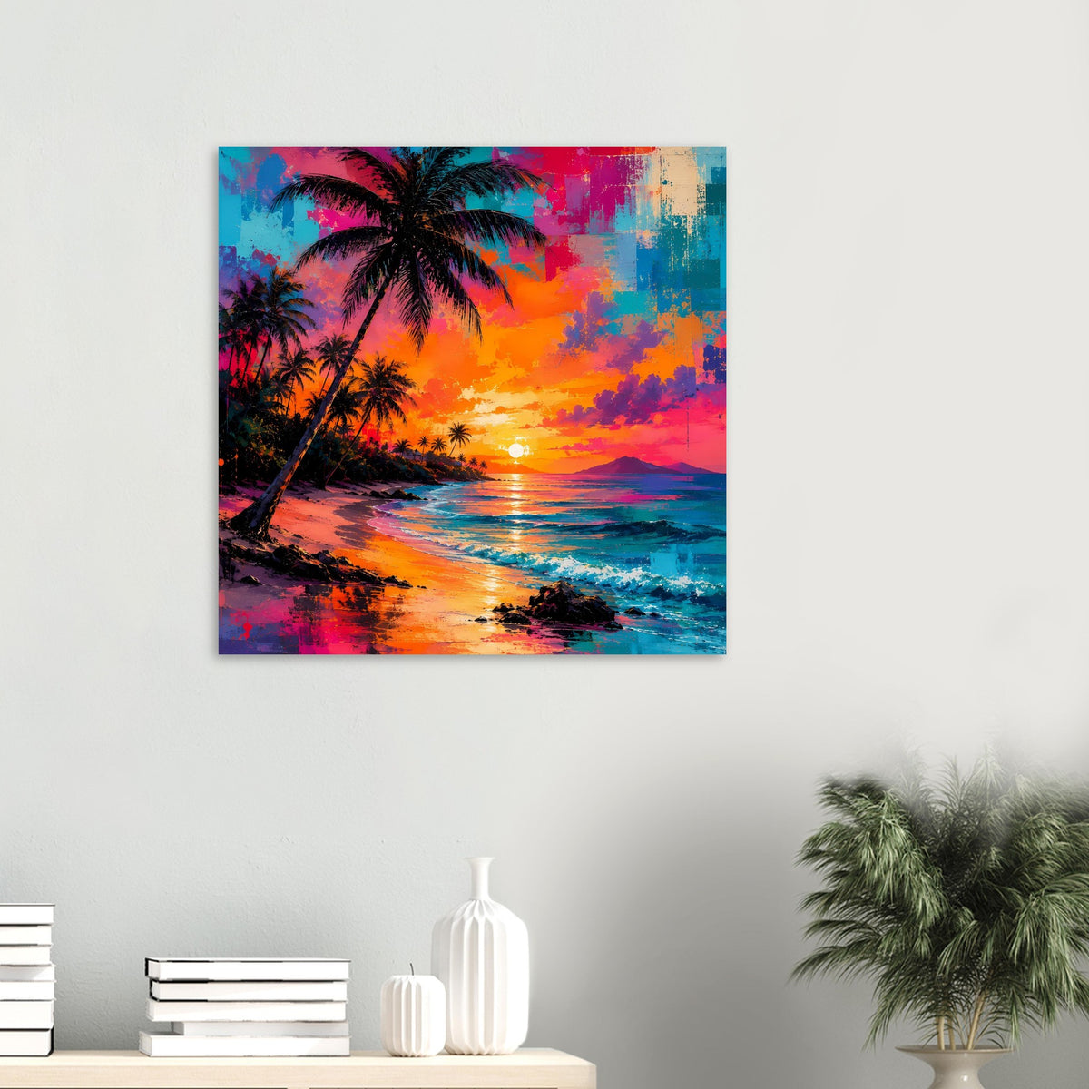 Quadratisches Poster mit Palmen am neonfarbenen Strand und orange-blauem Sonnenuntergang.
