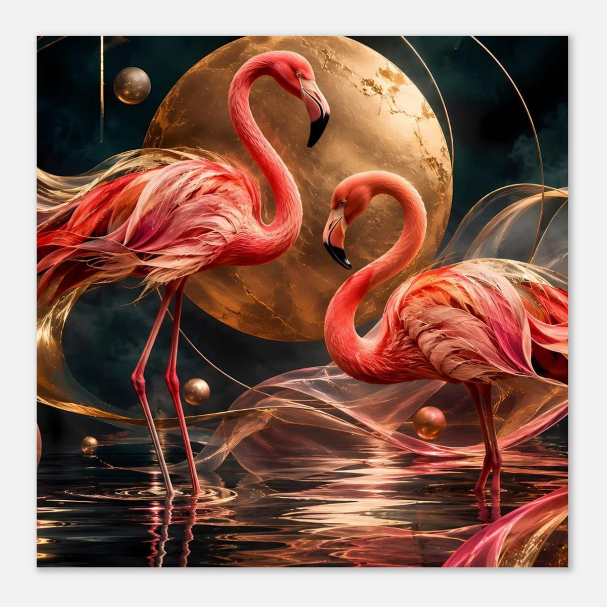 Kunstposter mit zwei rosa Flamingos vor goldener Mondkugel und Wasserreflexion