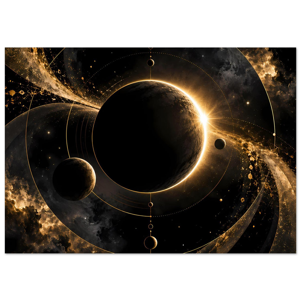 Weltraum-Poster: zentraler schwarzer Planet, goldener Ring und funkelnde Sterne