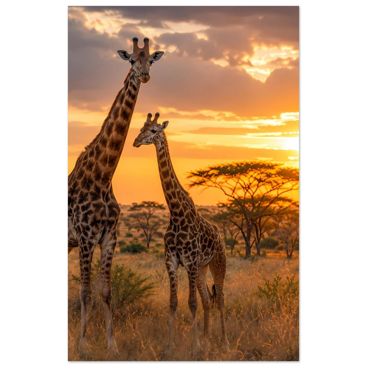 Poster mit drei Giraffen im warmen Abendlicht und Akazien im Hintergrund