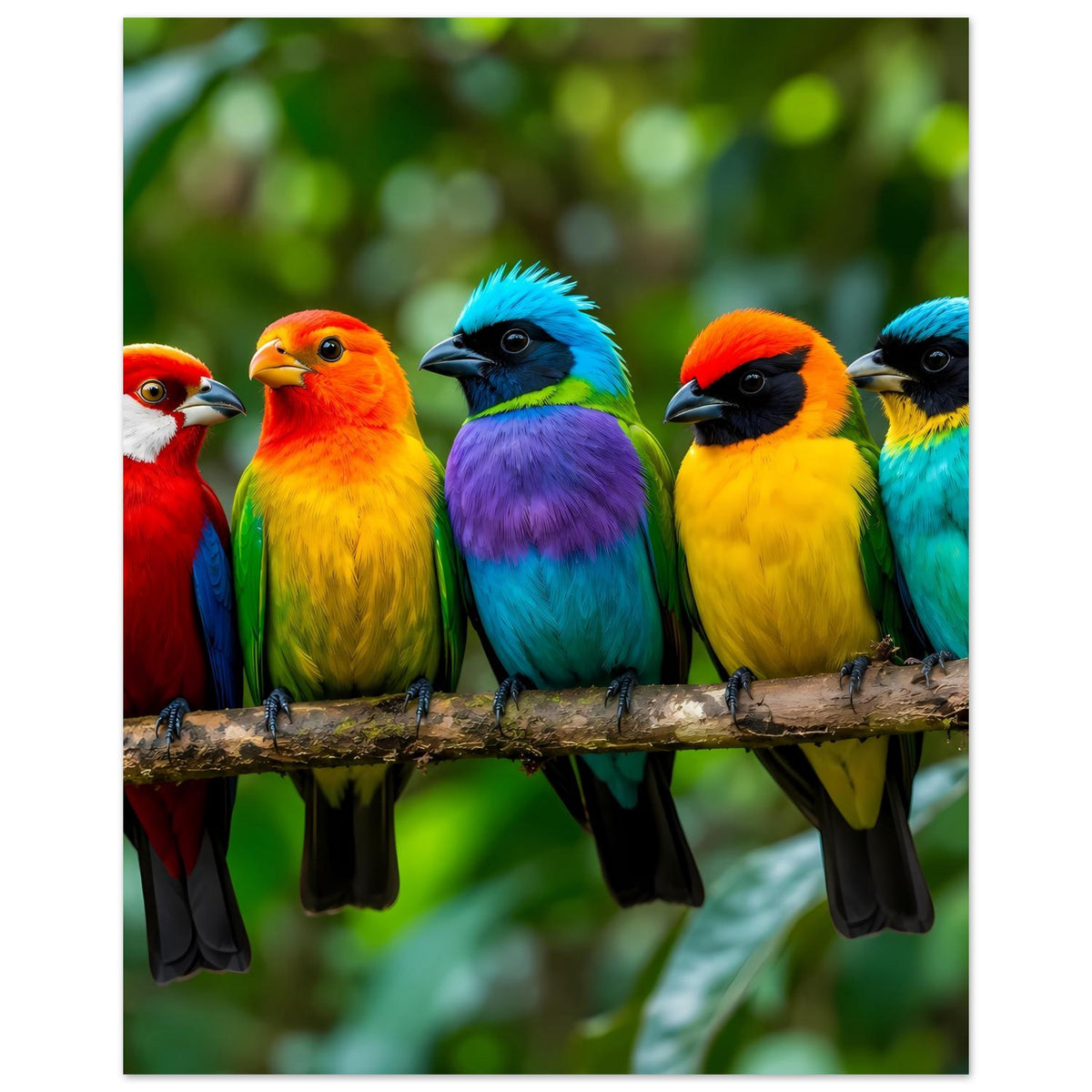 Hochformat-Poster: Teilansicht mehrerer Tropenvögel auf Ast, kräftige Farben