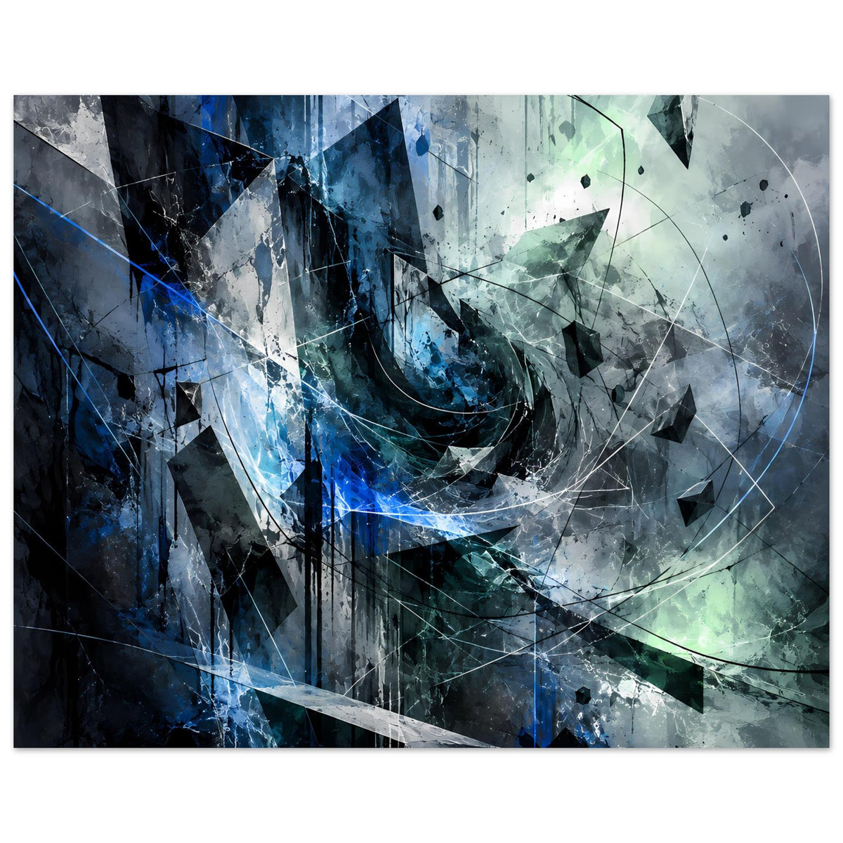 Abstraktes Kunstposter mit blau-grünem Muster, geschwungener Linie und scharfkantigen Flächen