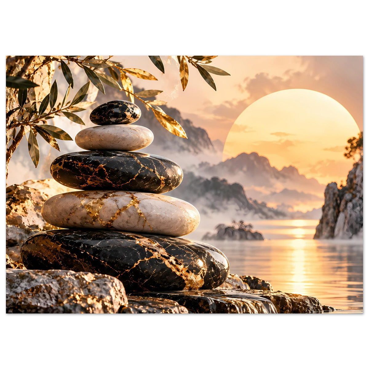 Poster mit Zen-Steinen, goldenen Blattzweigen und warmem Sonnenuntergang am Strand