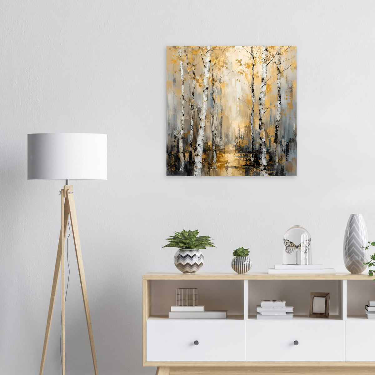 Quadratisches Wandposter mit Birkenwald-Gemälde, beigen und gelben Farbtönen