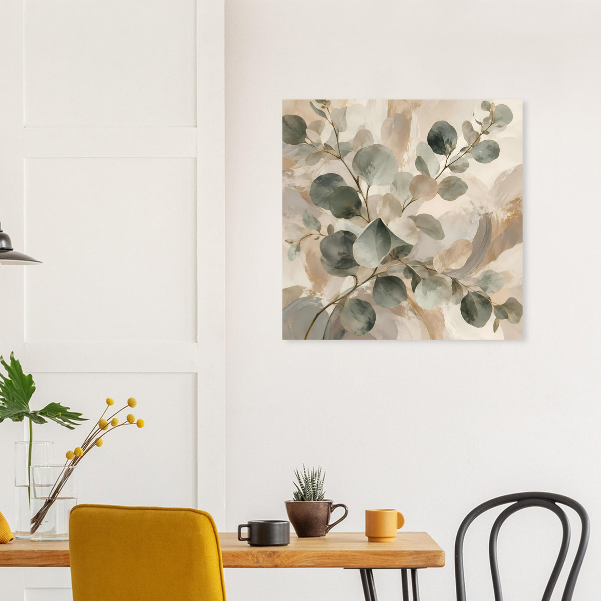Quadratisches botanisches Aquarellposter mit stilisierten Blättern in Grün und Beige