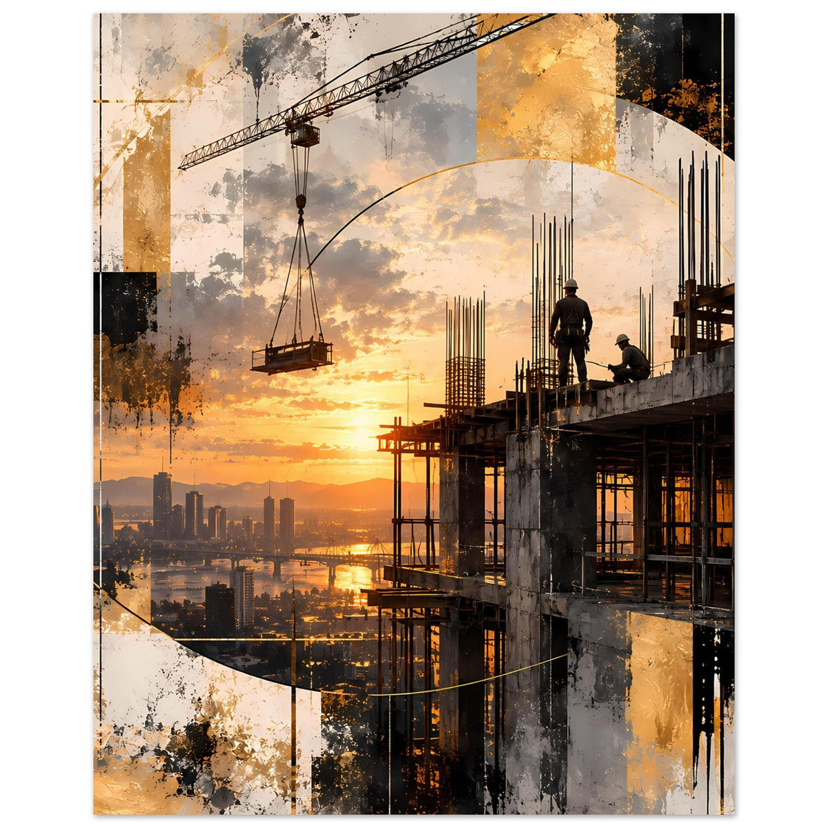 Abstraktes Baukunst-Poster: Sonnenuntergang über Baustelle mit Kran, Stahlgerüst