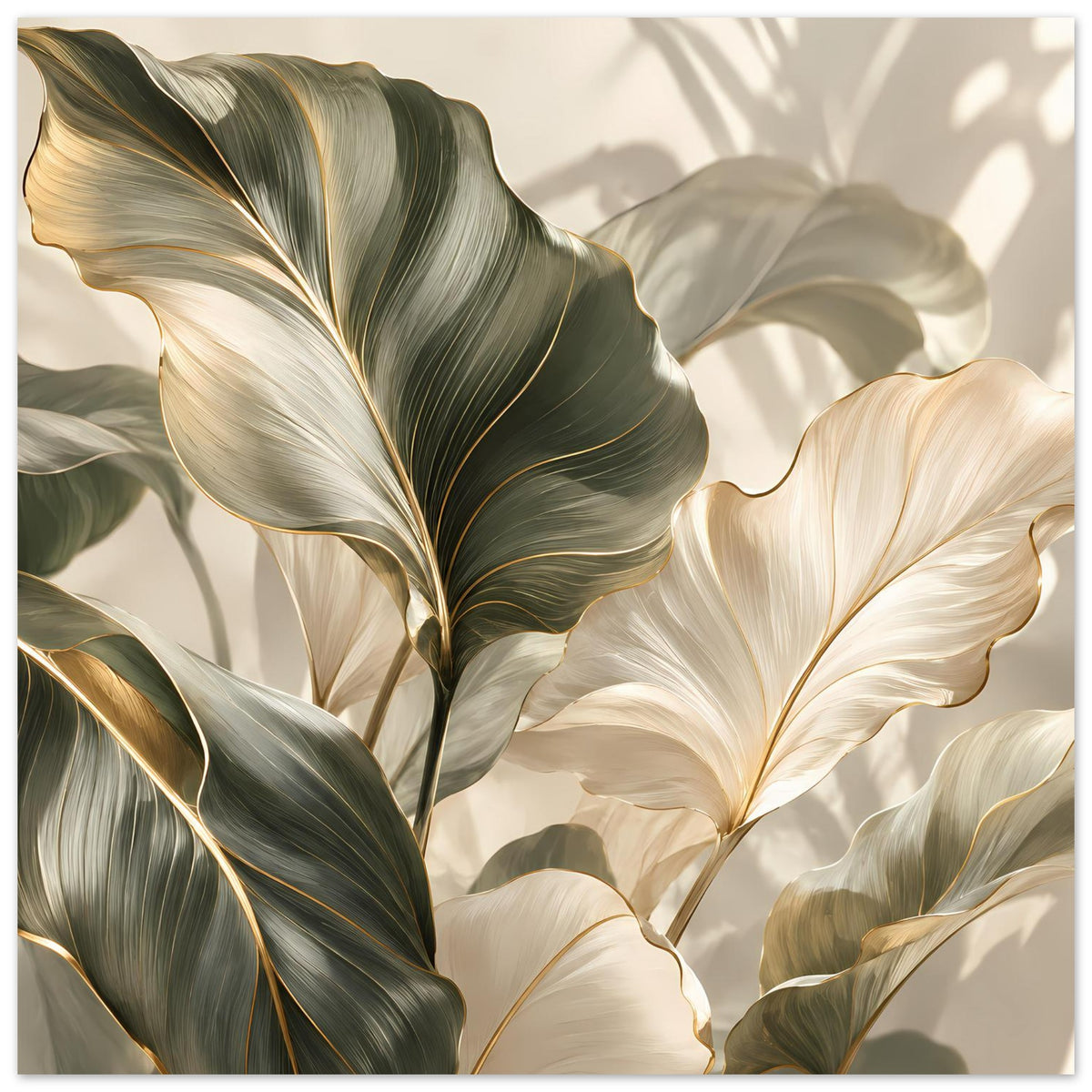 Pflanzenposter Hochformat: grüne und cremefarbene Palmenblätter mit feinen goldenen Linien