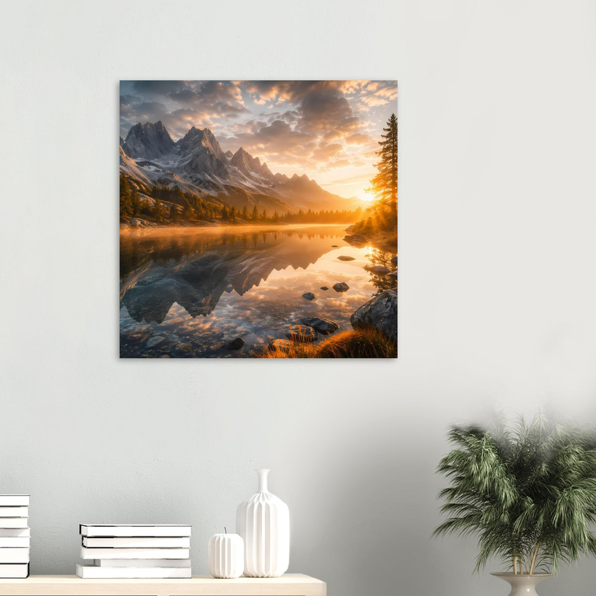 Quadratisches Poster mit Bergsee und Sonnenaufgang, spiegelndem Wasser und Felsen im Vordergrund, gerahmt