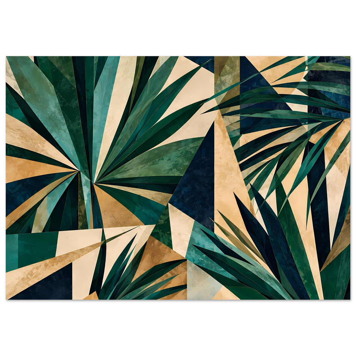 Kunstdruck-Poster im Querformat mit facettierten Palmenblättern in Grün, Gold, Beige und Dunkelblau