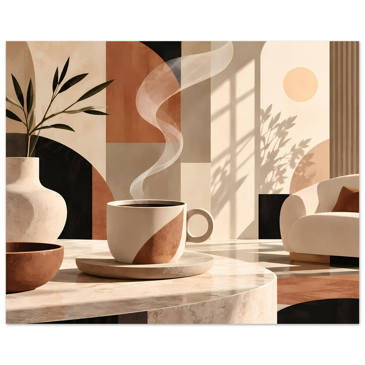 Poster mit warmen Erdtönen: Tasse auf Tisch, weiche Formen vor Fensterschatten