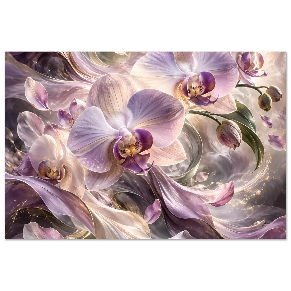 Blumenposter mit violetten Orchideenblüten und cremefarbenen Details, ausgewogenes Blumenarrangement.