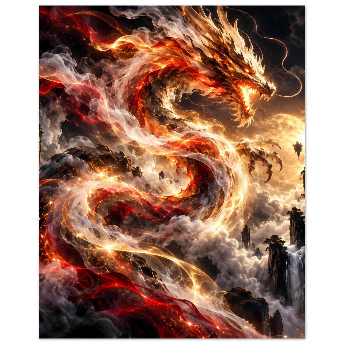 Fantasy-Poster: Feuerdrache mit gelb-roten Flammen, umschlungen von Rauch und Glutpfaden