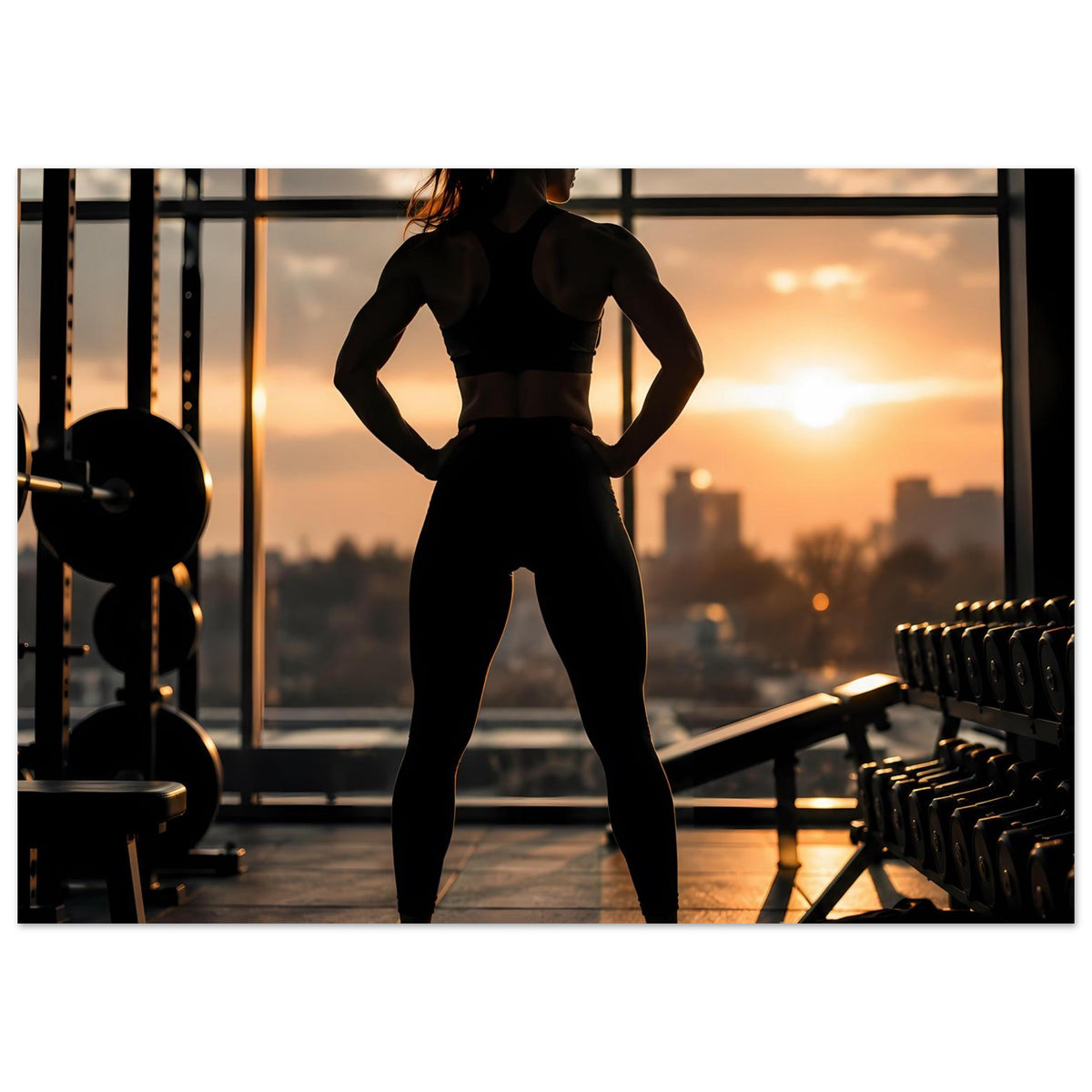 Fitness-Poster mit Silhouette einer Sportlerin in schwarzer Trainingskleidung, Ganzkörper