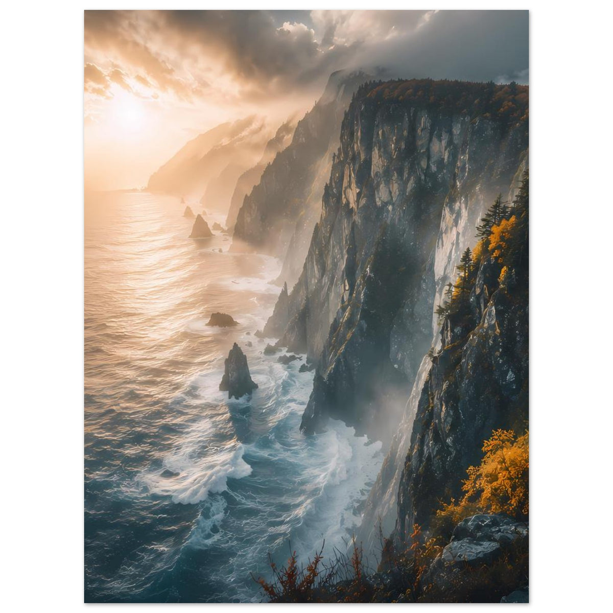 Poster mit Küstenklippen am Meer, langen Wellen und goldenem Abendhimmel