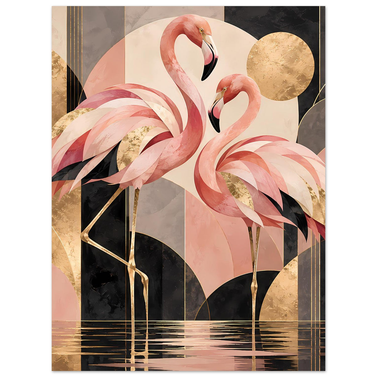 Zwei rosa Flamingos vor geometrischem Hintergrund mit Goldakzenten in Schwarz und Creme – Posteransicht 35