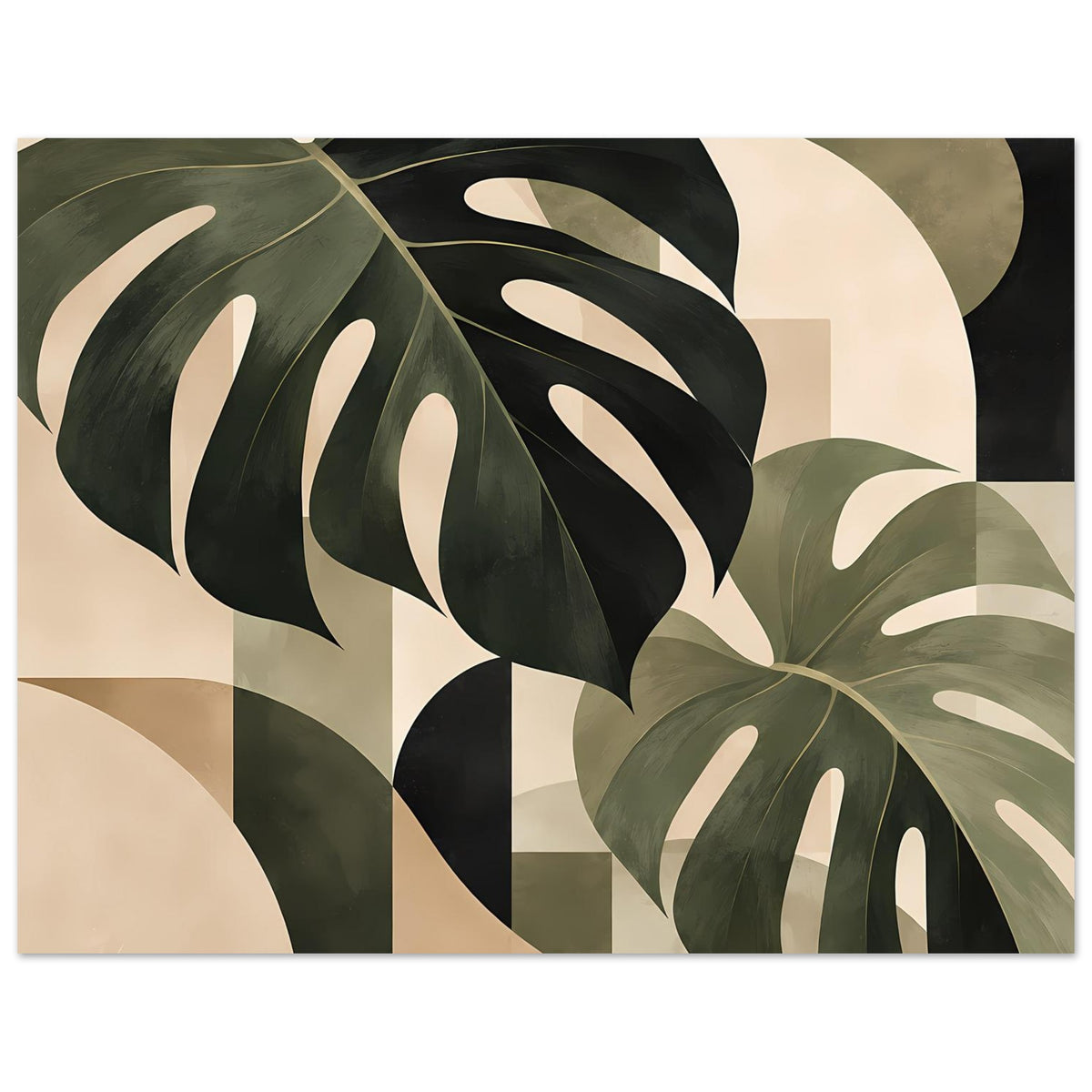 Botanik-Poster mit Monstera-Blättern in Salbeigrün und Beige, mit dunklen Blattkonturen.