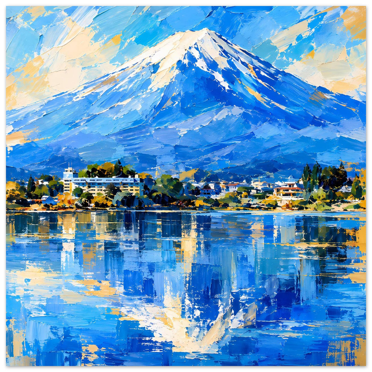 Horizontales Poster: blauer Berg über blauem See, Dorflichter und Spiegelungen