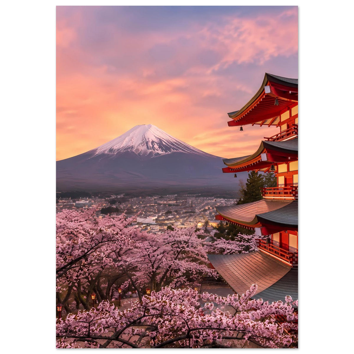 Poster mit Fuji, Kirschblüten im Vordergrund und roter Tempel rechts