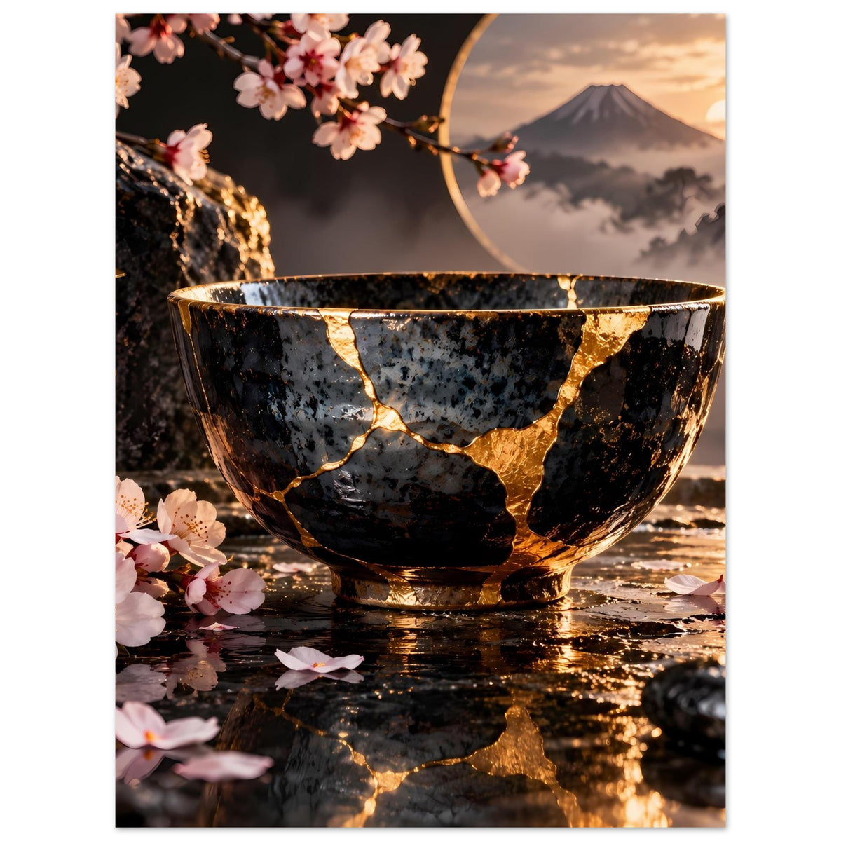 Kintsugi-Elegance-Poster (hochkant) mit schwarzer Schale, goldgerissener Optik und Bergmotiv