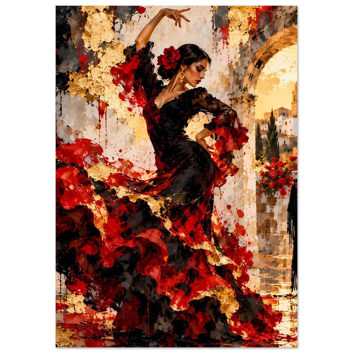 Poster mit Flamenco-Tänzerin in Rot und Schwarz, dynamischer Rockschwung nach vorn.
