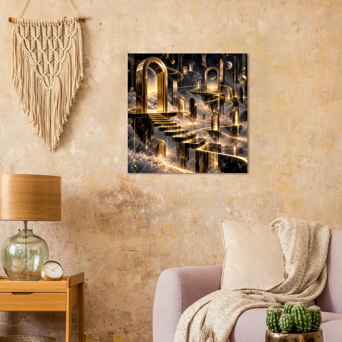 Poster: dunkle, goldene Architekturformen mit Treppenlauf, Bögen und Wolken