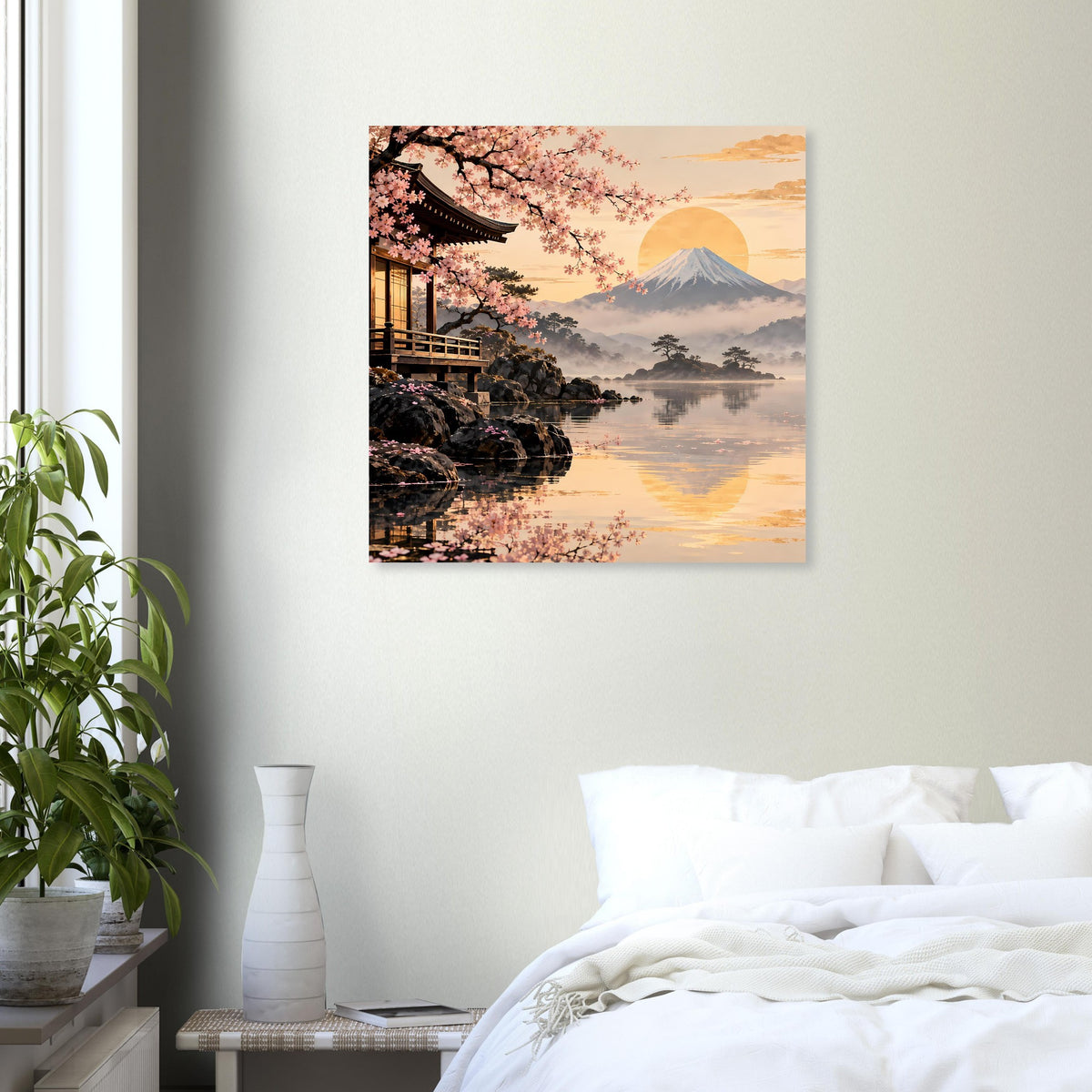 Gerahmtes quadratisches Poster: Kirschblüten am Tempel, Berg Fuji und goldener Himmel