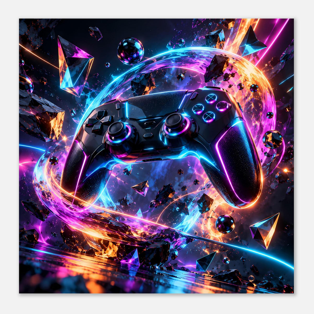 Neon-Poster mit Gaming-Controller, leuchtende Rahmenwirkung und futuristische Farbspritzer
