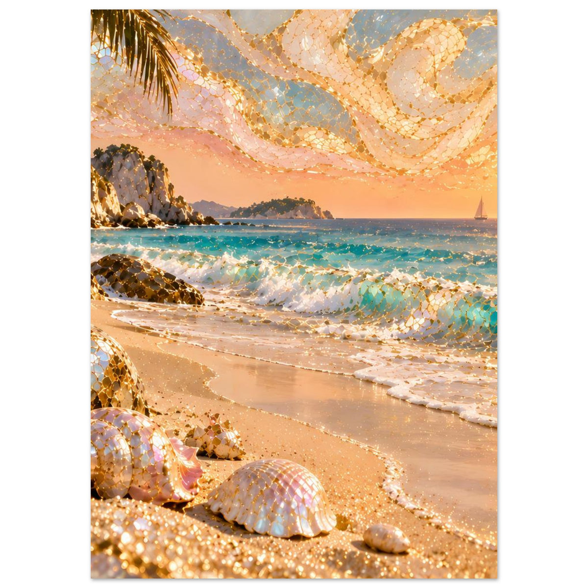 Vertikales Poster mit Sandstrand und Muscheln, goldene Mosaik-Highlights im Bild