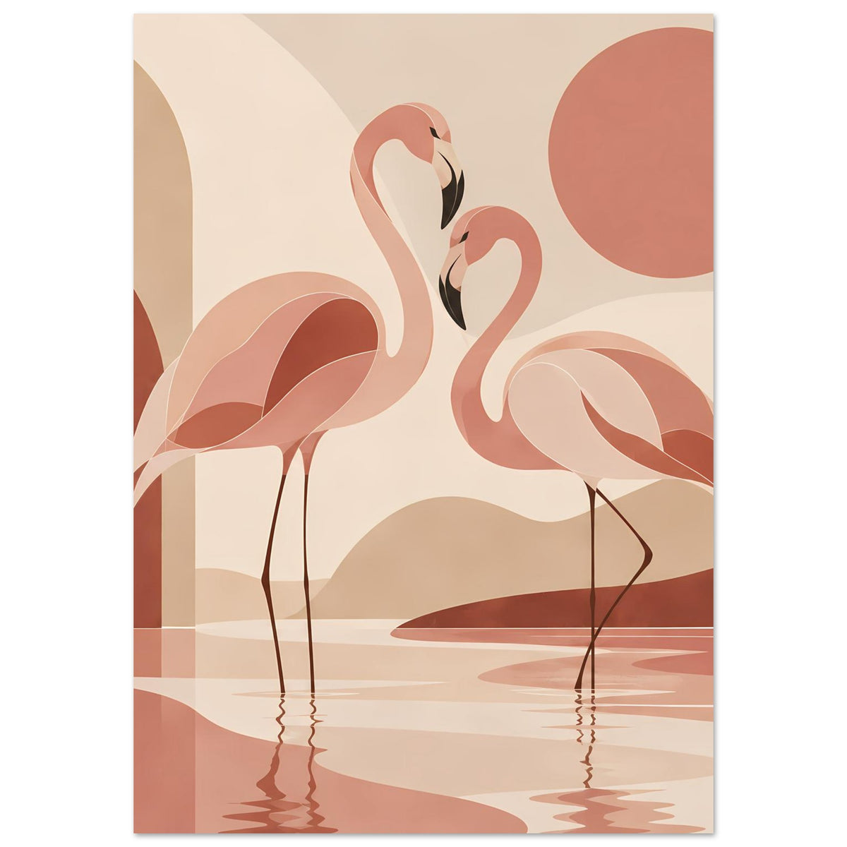 Boho-Naturposter im Hochformat: zwei Flamingos, Wasserfläche mit reflektierenden Streifen