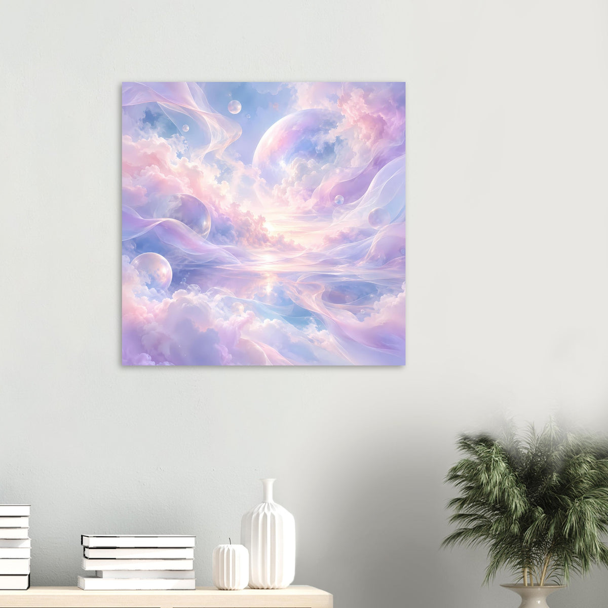 Quadratisches Poster mit pastellfarbenem Wolkenhimmel in Lila, Rosa und Hellblau.