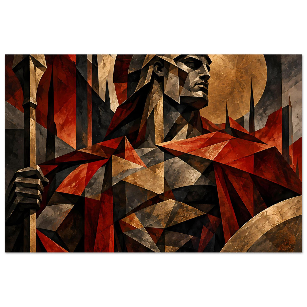 Poster mit Spartaner-Krieger, Helm und Schild in rot-goldenen, grauen und schwarzen Dreiecken