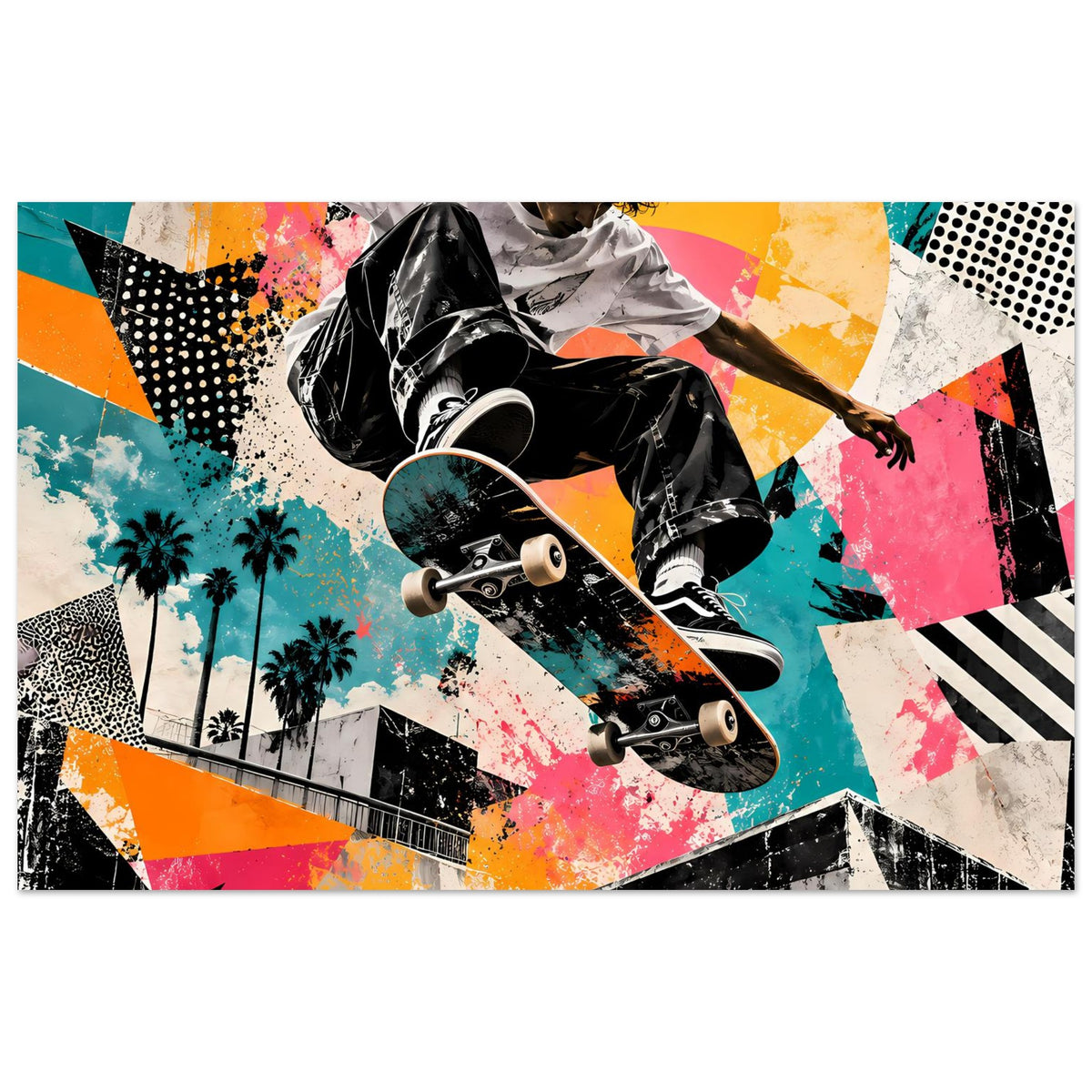 Street-Art-Poster mit Skateboarder in Sprungpose, Neonfarb- und Graffiti-Design