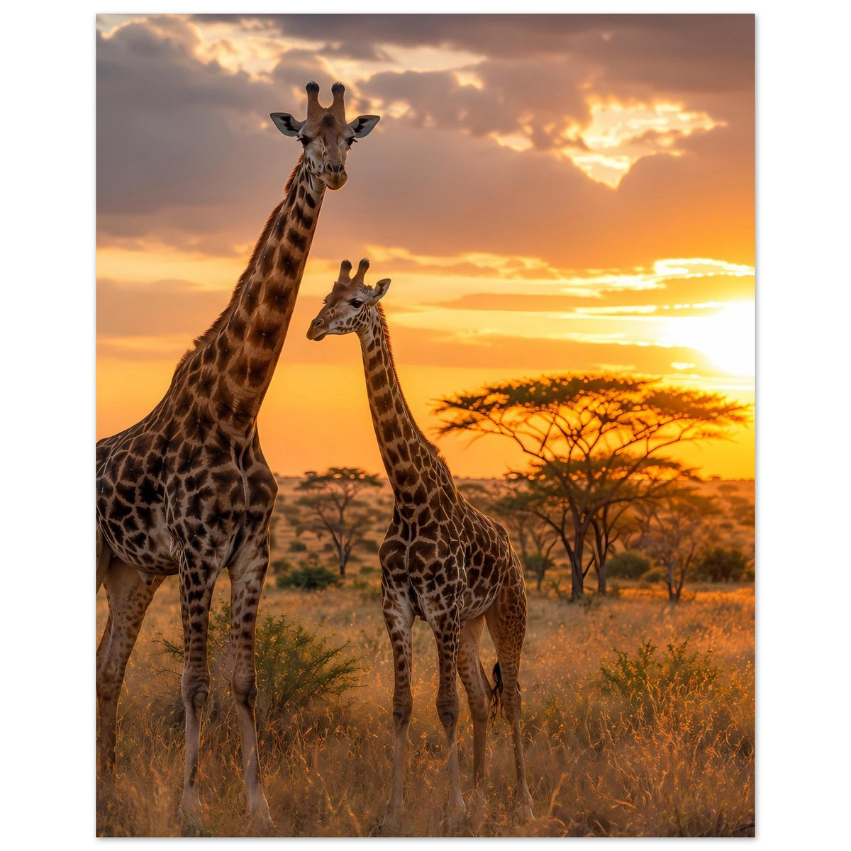 Poster mit drei Giraffen und Akazien im orangefarbenen Sonnenuntergang