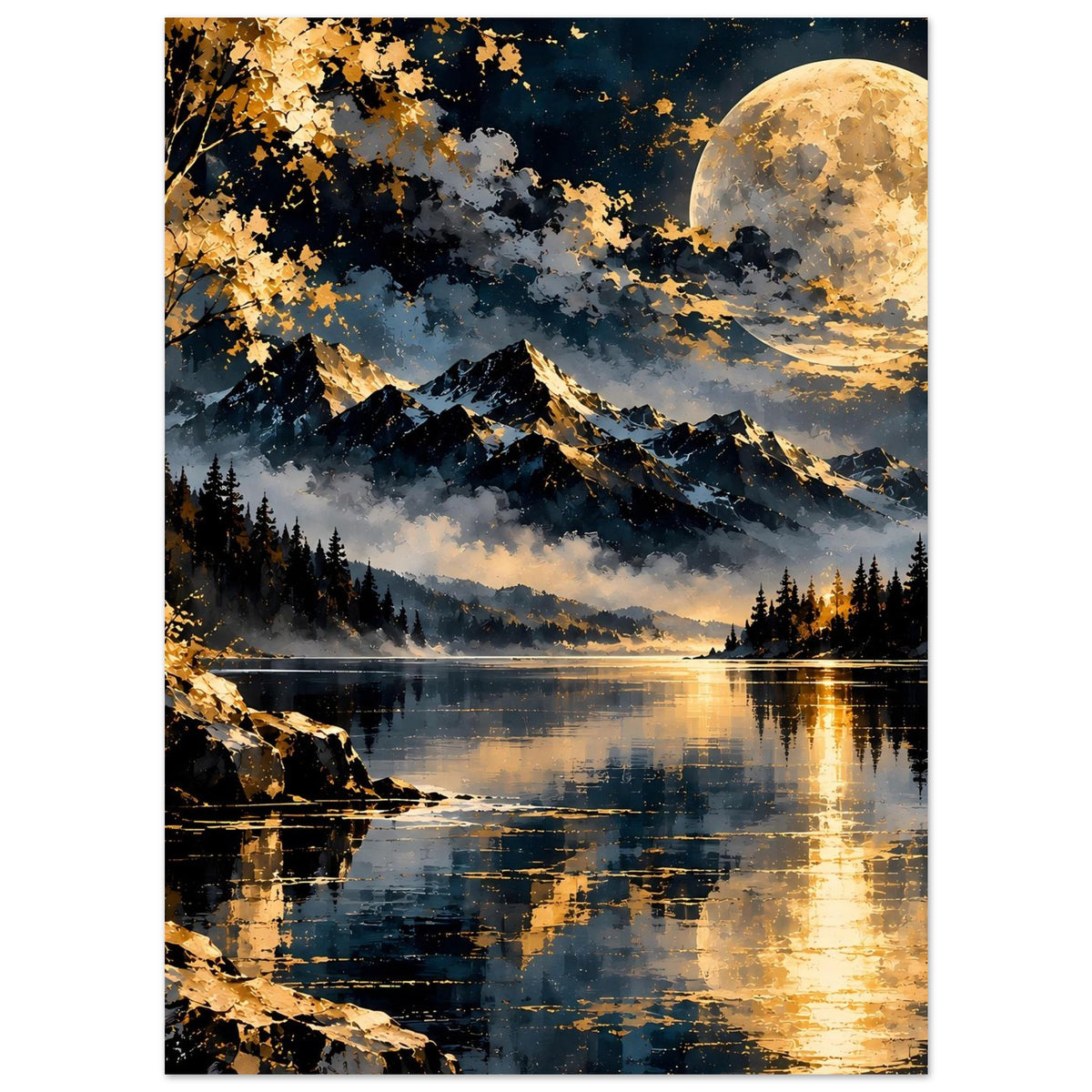 Poster mit Mondschein über Bergkette und spiegelndem See