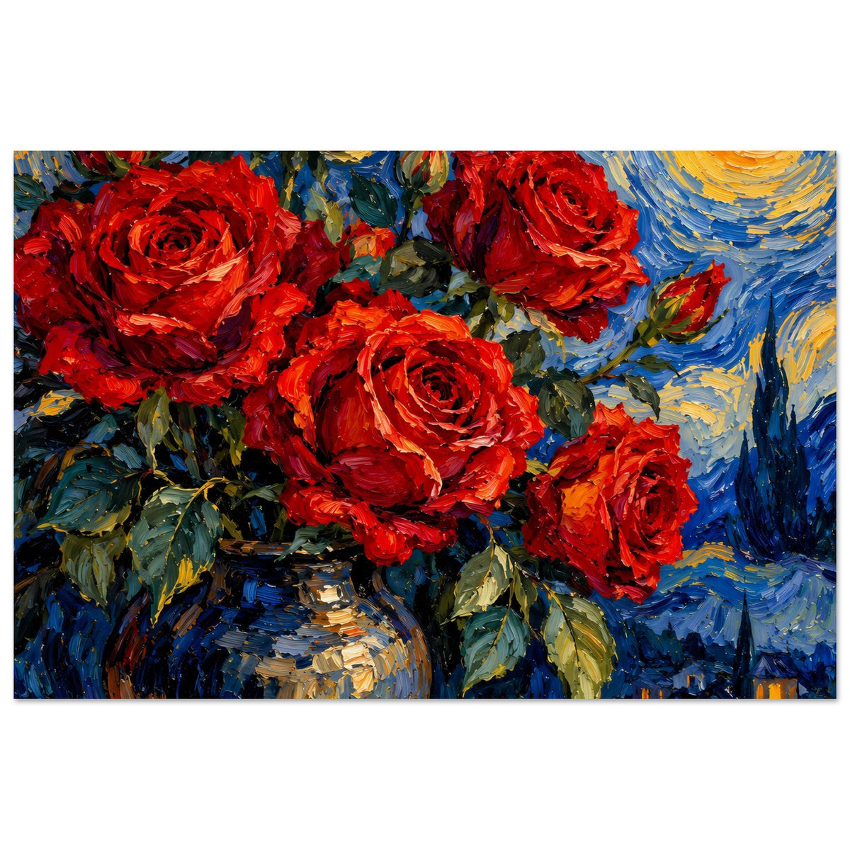 Poster mit rotem Rosenbouquet in blauem Hintergrund, Querformat