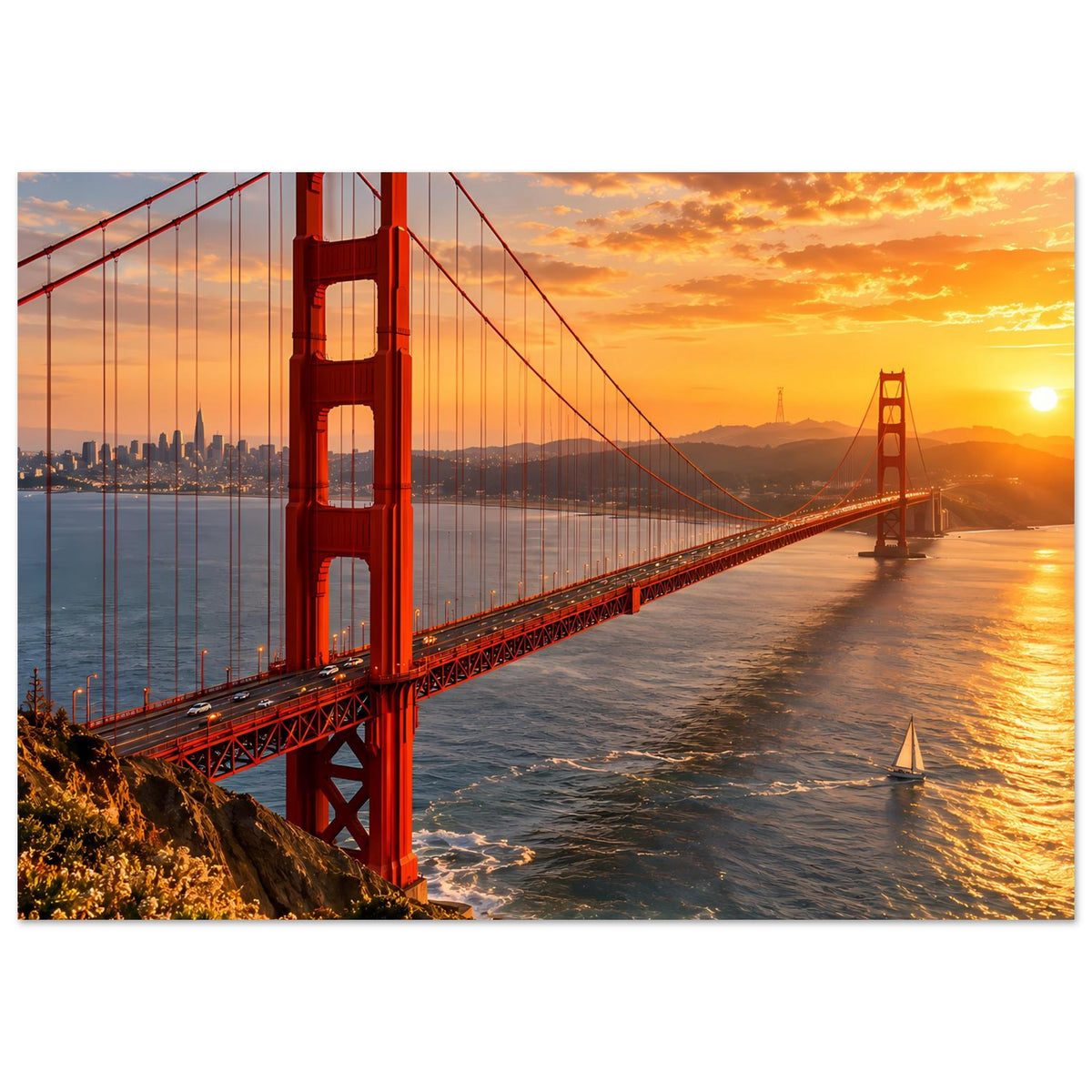 Horizontales Poster mit roter Hängebrücke bei Sonnenuntergang, Wasser und Segelboot