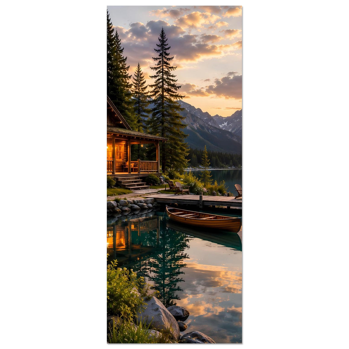 Hochformat-Poster mit Holzhaus am See, Boot am Steg und goldenem Sonnenuntergang.