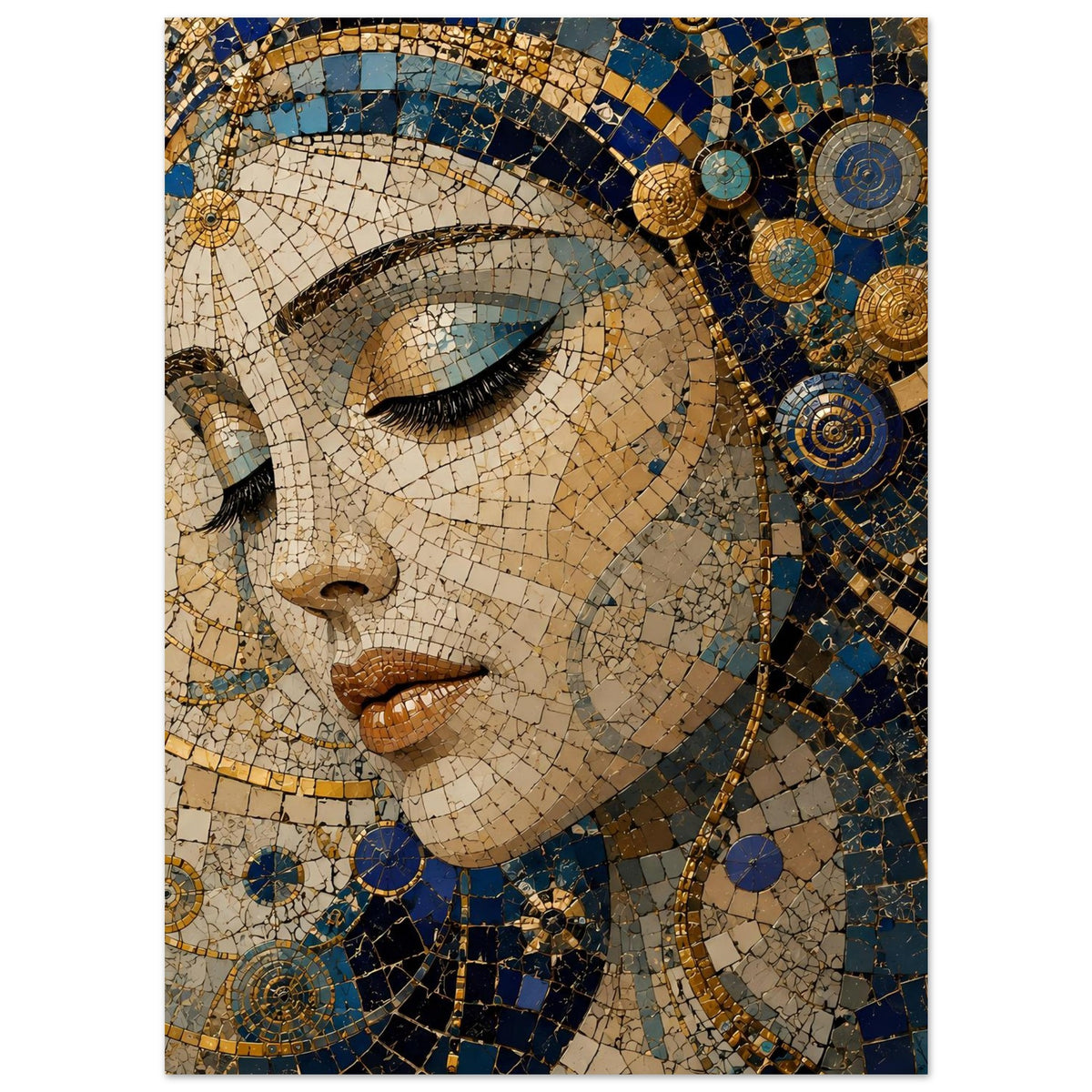 Poster: detailreiches Mosaik-Porträt einer Frau in Blau, Gold und beigen Flächen