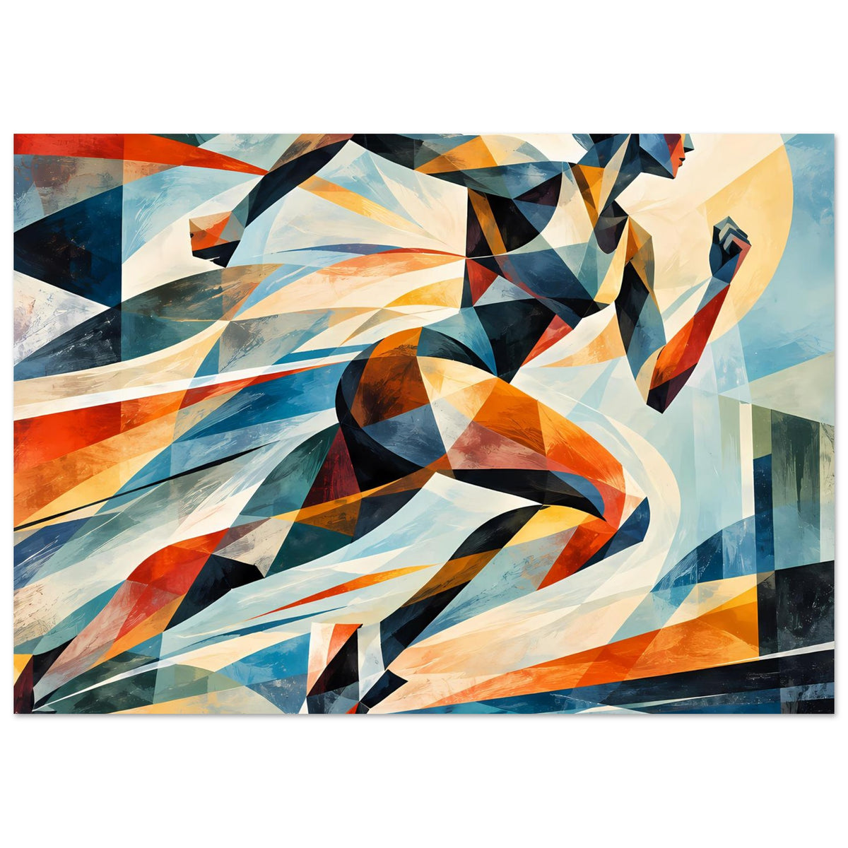 Abstraktes Poster (Querformat) mit geometrischer Läufer-Figur in Blau, Orange und Rot