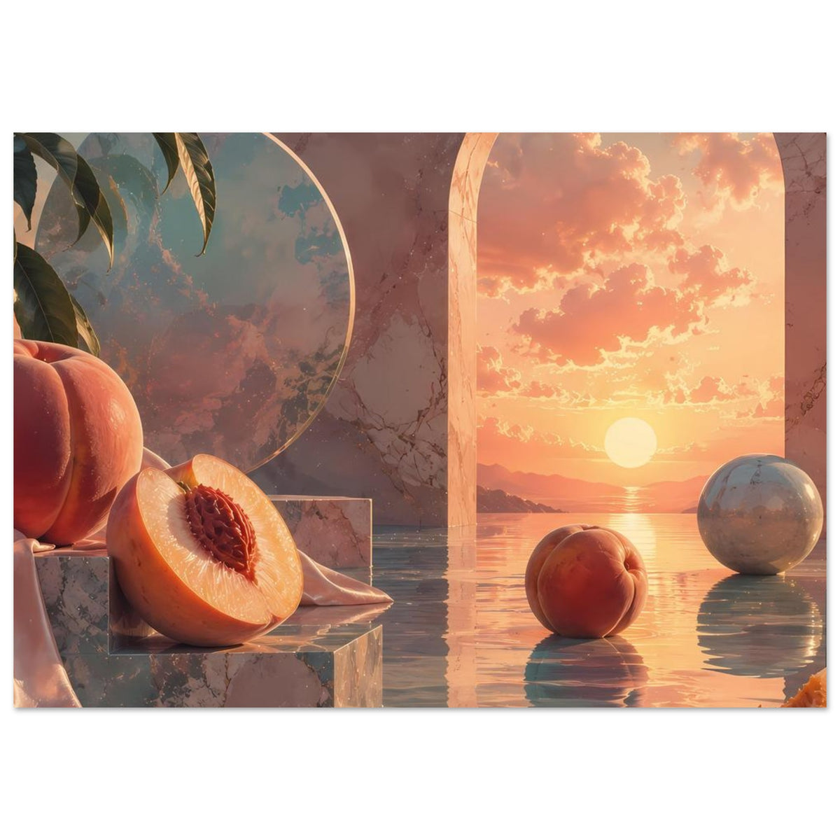 Kunstdruck-Poster mit Pfirsichen auf Steinen, Rundbogenfenster und Sonne am Horizont